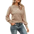Miessial Women's Crewneck Lantern Sleeve Pullover Sweater Cute Cable Knit Sweater Jumpers Camel 4-6