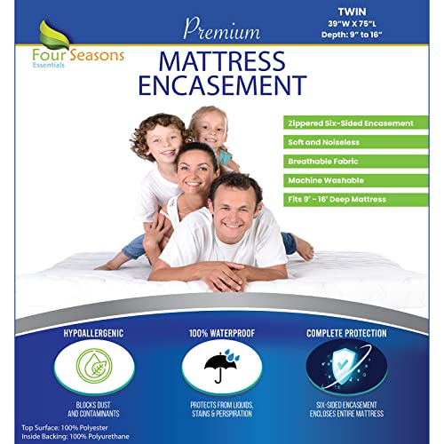 Four Seasons Essentials Twin Size Mattress Protector Bedbug Waterproof Zippered Encasement Hypoallergenic Premium Quality Cover Protects Against Dust Mites Allergens