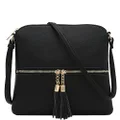 DELUXITY Lightweight Medium Crossbody Bag with Tassel, Black, One Size