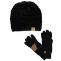 C.C Unisex Soft Stretch Cable Knit Beanie and Anti-Slip Touchscreen Gloves 2 Pc Set, Black
