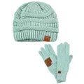 C.C Unisex Soft Stretch Cable Knit Beanie and Anti-Slip Touchscreen Gloves 2 Pc Set, Mint