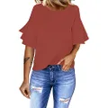 luvamia Women's Casual 3/4 Tiered Bell Sleeve Crewneck Loose Tops Blouses Shirt Tea Rose Size S