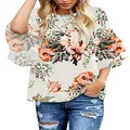 luvamia Women's Casual 3/4 Tiered Bell Sleeve Crewneck Loose Tops Blouses Shirt D Floral Print Apricot Size XXL