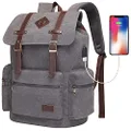 Modoker Vintage Rucksack Backpack for Men Women 17 Inch, Laptop Backpack - Travel, or Work Bookbag Fits Computer & Tablet, Canvas Fashion Daypack with USB Charging Port in Grey