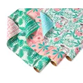 American Greetings Reversible Palms, Sloths, Flamingo Wrapping Paper for All Occasion, Green and Pink (3 Rolls, 120 sq. ft.)