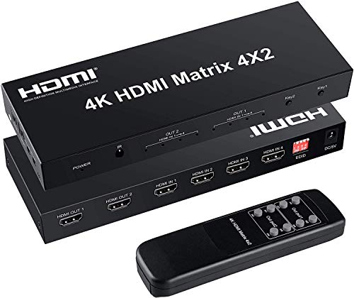 FERRISA 4x2 HDMI Matrix Switch,4 in 2 Out Matrix HDMI Video Switcher Splitter +Optical & L/R Audio Output,Support Ultra HD 4K x 2K,3D 1080P,Audio EDID Extractor with IR Remote Control & Power Adapter