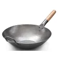 Craft Wok Flat Hand Hammered Carbon Steel Pow Wok with Wooden and Steel Helper Handle (14 Inch, Flat Bottom) / 731W316