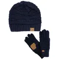 C.C Unisex Soft Stretch Cable Knit Beanie and Anti-Slip Touchscreen Gloves 2 Pc Set, Navy