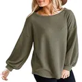 MEROKEETY Womens Long Balloon Sleeve Waffle Knit Tops Crew Neck Oversized Sweater Pullover, Olive, L