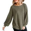 MEROKEETY Womens Long Balloon Sleeve Waffle Knit Tops Crew Neck Oversized Sweater Pullover, Olive, L