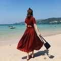 women's short-sleeved dress Slim V-neck Midi dress sexy backless beach skirt