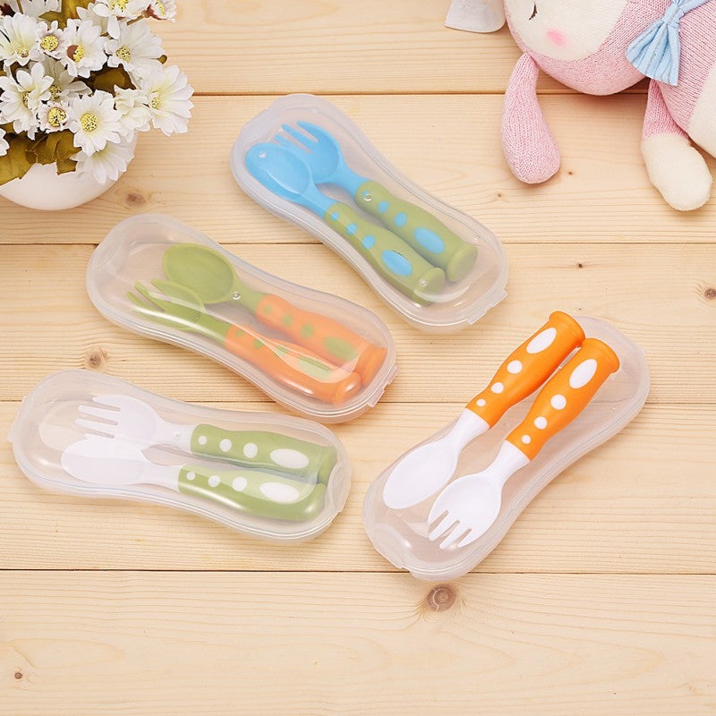 2Pcs Baby Kids Spoon + Fork Anti-Skid Handle Feeding Tableware With Storage Box
