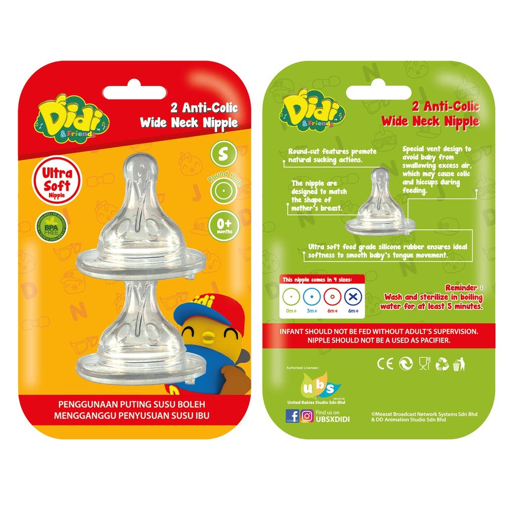 Didi & Friends [S] Anti-Colic Wide Neck Nipple Round Hole 0m+ (2 Pcs)