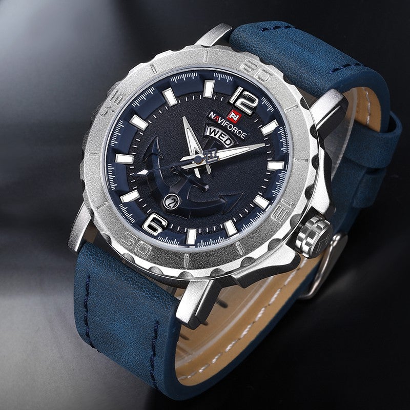 NAVIFORCE Leather Strap Sports Watches Men Quartz Clock Sports Military Watch