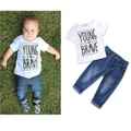 Summer Kids Baby Boys Cotton Letters Printed T-shirt + Denim Pants Set Clothes