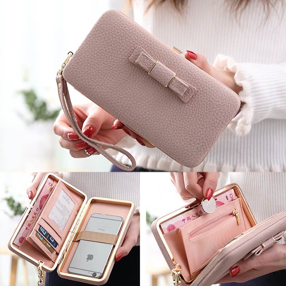 leeyo-Women Leather Bowknot Wallet Phone Pocket Card Bill Storage With Lanyard