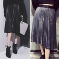 Women Elegant High Waist Summer Solid Color Metallic Pleated Skirt