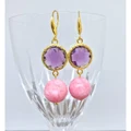 Gold Dangle Earring with Purple Glass Gold Plated Bead & Faceted Jade in Pink