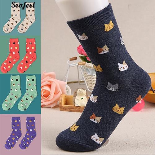 Autumn Winter Stylish Cute Cat Cartoon Animal Pattern Cotton Ankle Socks