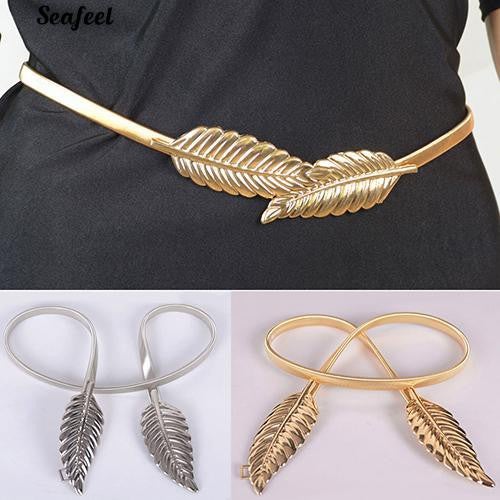 Leaf Design Vintage Style Belt Elastic Clasp Metal Waist Femme Waistband