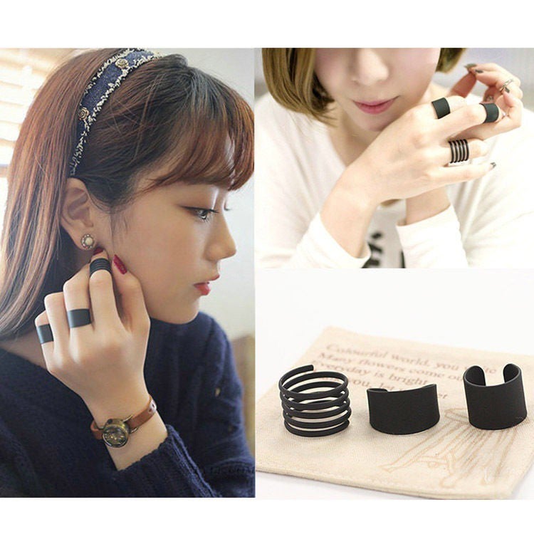 3 Pcs New Fashion Ring Set Black Stack Plain Above Knuckle Ring Band Midi Rings