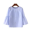 New Summer Pearl Casual Loose Shirt Tops Women Flare Sleeve Blouses