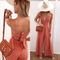 Summer Beach Rompers Backless V-neck Back Bow Women Jumpsuits Loose Long Pants