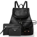 IMM-3PCS Set Women PU Leather Backpack School Bag Shoulder Bag Card Holder