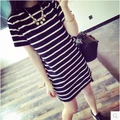Loose summer black and white stripe short sleeve women casual slim mini dress