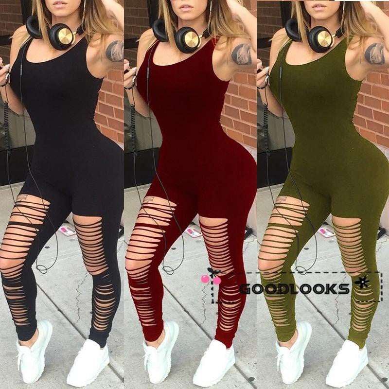 OLY-Women Casual Sleeveless Bodycon Romper Jumpsuit Club Bodysuit Long Yoga