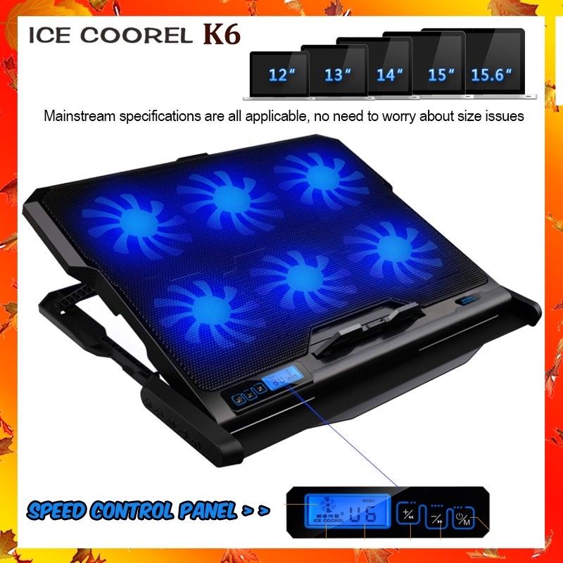ICE COOREL K6 Silent 6 Fans Cooler Pad with Rack Stand and Built-in LCD Display With Speed Control Panel/Kipas Laptop