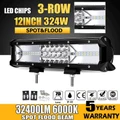 Tri-row 12inch 324W LED Light Bar Offroad Work Light Beam for Truck SUV ATV 4WD