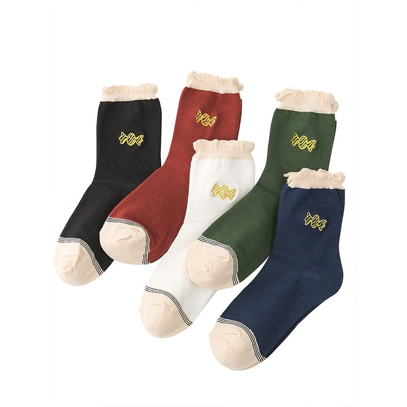 Women's mid-calf length socks Korean style of autumn candy embroidery scoks.
