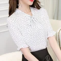 Ready stock blouse women horn sleeve white tops dot casual fashion clothing
