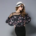 office lady fashion print lace patchwork blouse autumn long sleeve women top