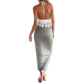Women Lace Deep V Neck Crop Top Slit Maxi Skirt Bodycon Beach 2 Pieces Dress Set