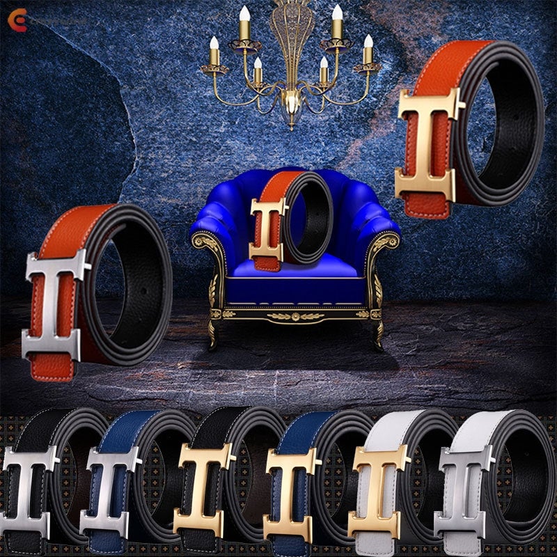 ?CW?New Style Business Leisure Genuine PU Leather H Smooth Buckle Litchi Grain Belt for Men