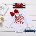 E0M-2Pcs Newborn Infant Baby Girls Hello World Romper Bodysuit+Headband Outfits