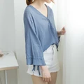 (NEW) Blue Quality Lotus Blouse Chiffon Collar Retro Chic OL Casual Office Trumpet Top