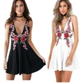 Deep V-Neck Sleeveless Dress with Rose Embroidered Sexy Vintage Dress for Women