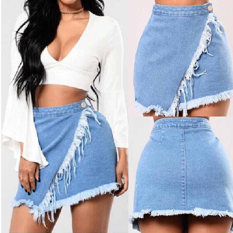 Women High Waist Jeans Short Skirt Denim Bodycon Ripped Pencil Mini Wrap Skirt