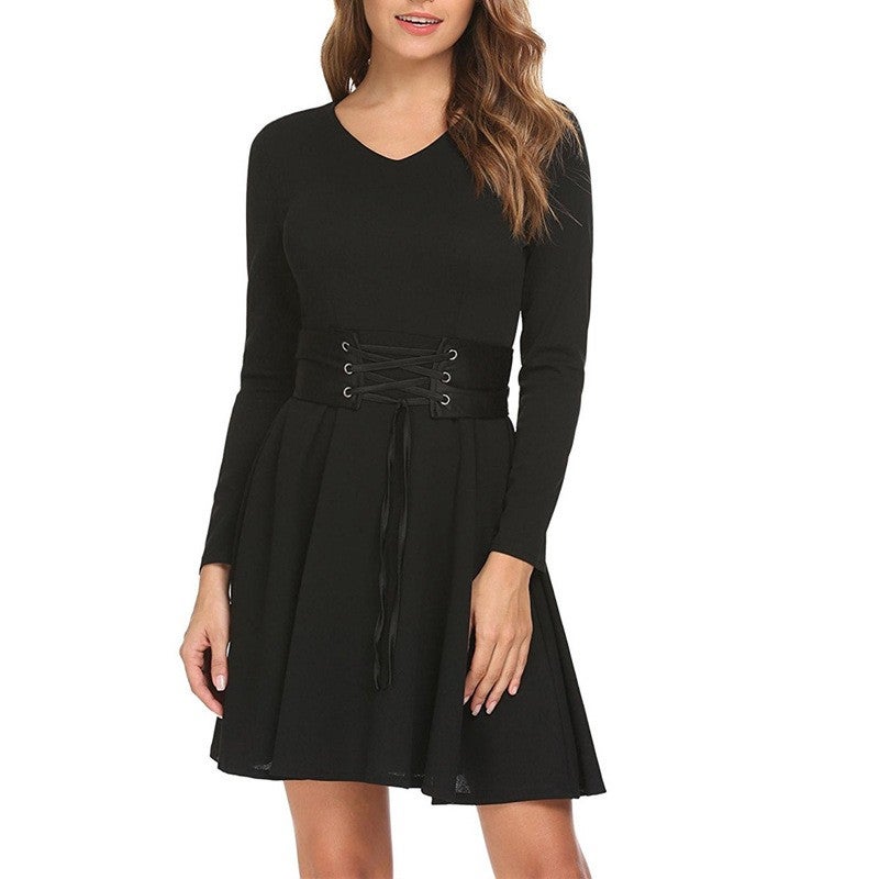 Long sleeved long sleeved pendulum dresses with pure color waist