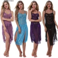 ??Women's Sexy Lace Long Sling Mesh Dress G-String Babydoll Nightwear Set