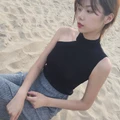 Spring, Korean version, shoulders, short neck, shoulder strap, sleeveless, sash,