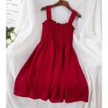 Sleevless Pleated Slim High Waist Sling Dress Red Solid color Party For Women