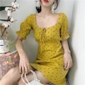 Women Slim Chic Short Sleeve Comfy Square Neck Dot Cherry Pattern Summer Dress