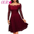 OUR?Women Slim Floral Lace Long Sleeve Cocktail Prom Gown Party Evening Skater Dress