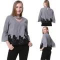 Plaid Print Choker Neck Flare Sleeve Blouse Crochet Lace Splice Grid Tops Black