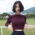 Women Long Sleeved Striped Round Neck Crop Top