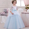 Kids Pageant Lace Embroidery Formal Girls Party Dress Tulle 3/4 Sleeve For 5-12Y